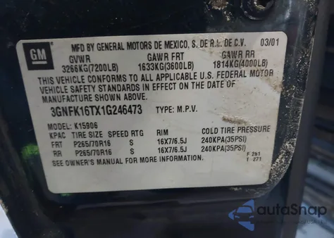 2001 Chevrolet Suburban 1500 Ls z USA, uszkodzony, nr VIN 3GNFK16TX1G246473